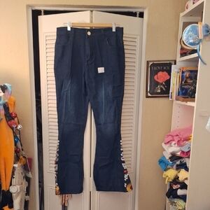 Cathy Jean Dark Blue Flare Jeans with Floral Embroidery